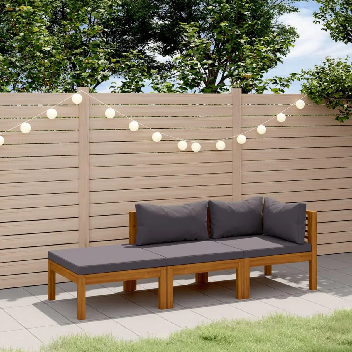 IKAYAA Lounge Set Holz, Ecklounge Outdoor, Gartenmöbel Set mit Kissen, Terrassenmöbel außen, Balkon Lounge Dunkelgrau, Loungemöbel Set für Balkon, Garten, 3-TLG