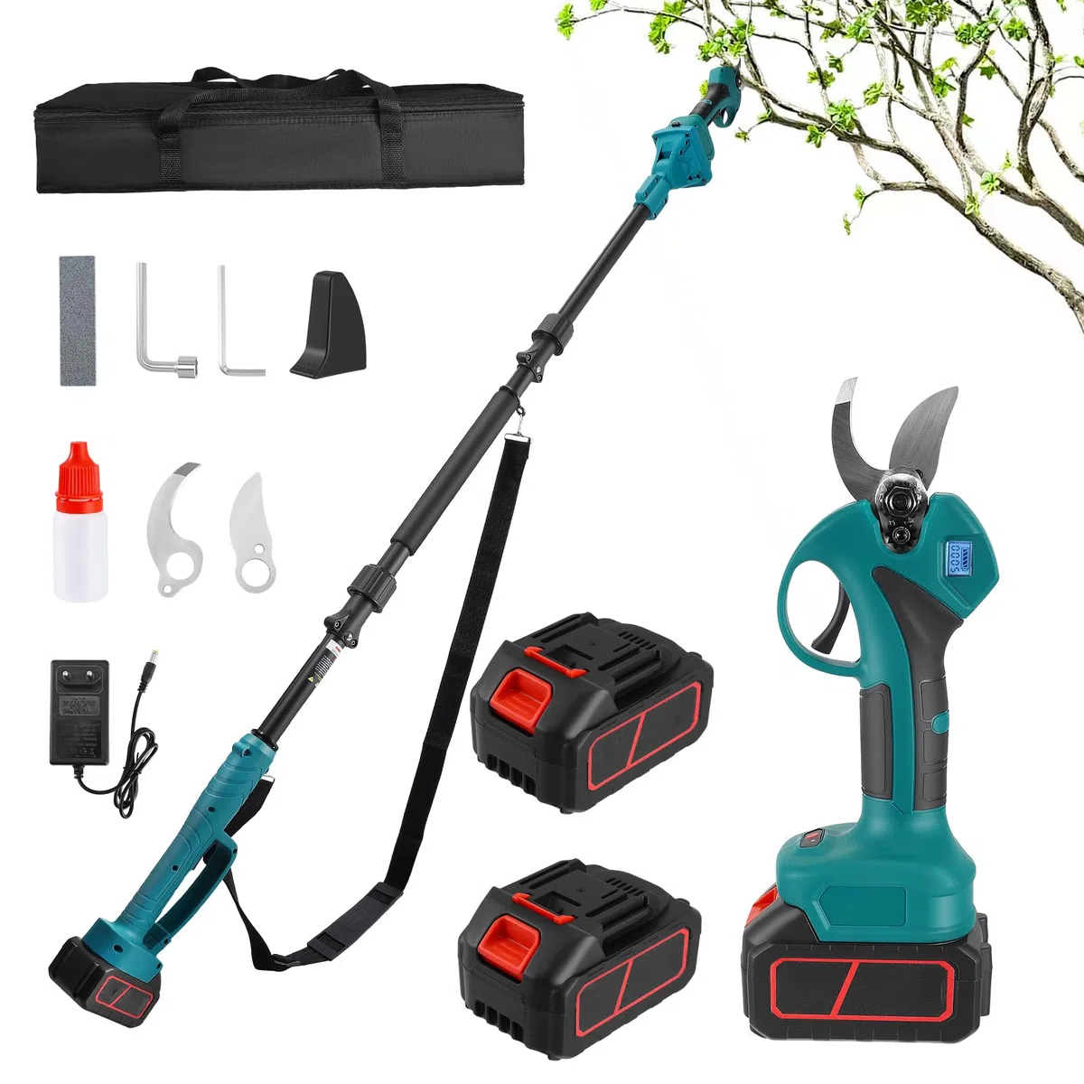 2 in 1 Akku Astschere, Elektrische Gartenschere mit Stange (132-230 cm), mit 2x3000mAh Batterien, 45mm Schnittdurchmesser, Elektrische Astschere für Baumzweige, Sträucher und Stämme