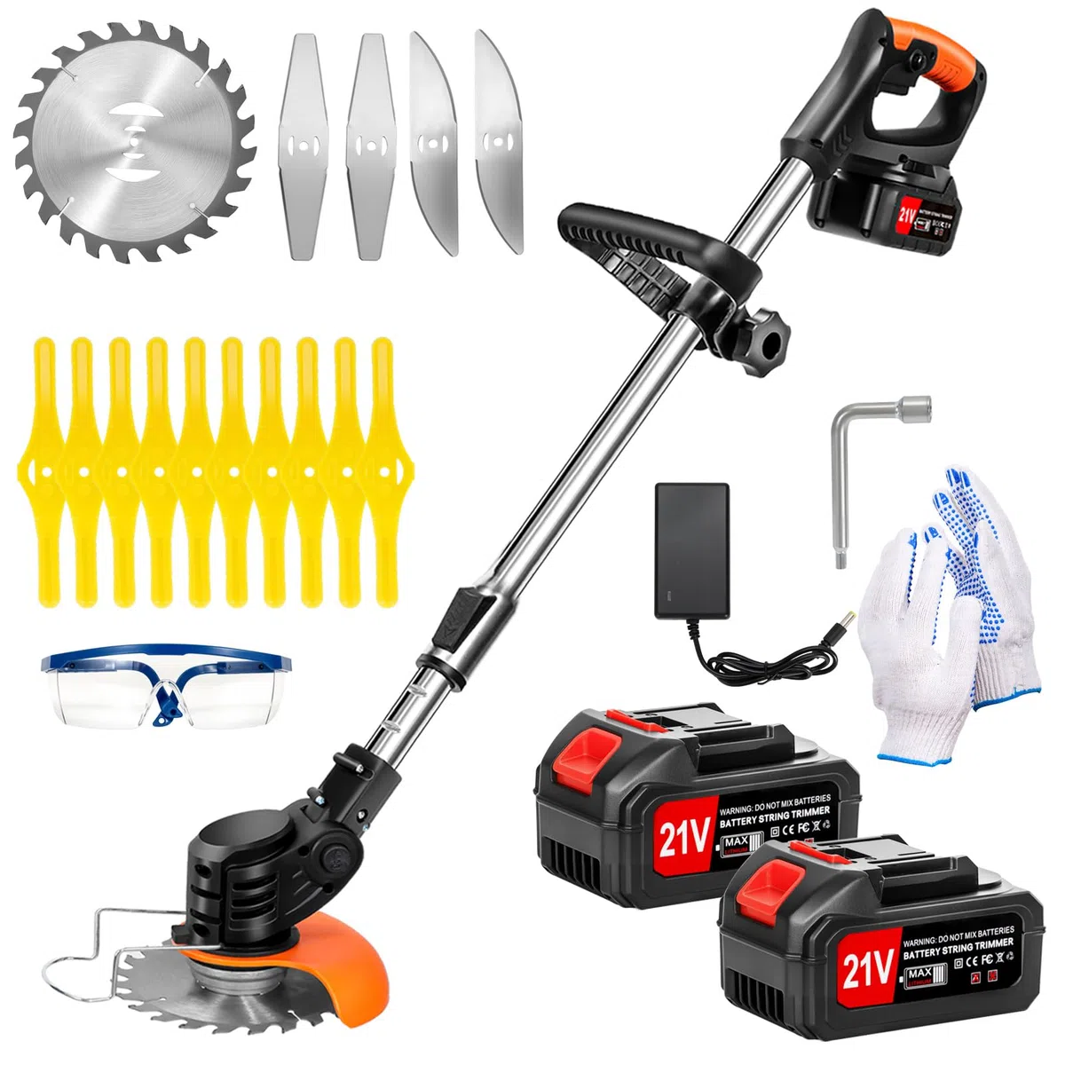 21V Akku Rasentrimmer mit 2 Akkus, Freischneider für Garten & Rasenpflege | Elektro Rasentrimmer mit 15 Klingen, Teleskop Motorsense für Rasenkanten, Wildkraut, Dickes Gras, Leicht 1,8 kg