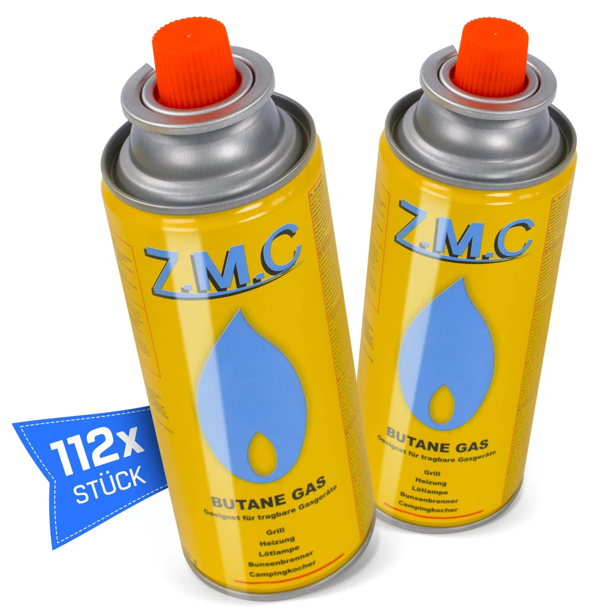 ZMC 112X Stück Butan Gaskartusche 227g mit Ventil Typ MSF-1a, Universal Gaskartuschen Butan Gas Kartuschen mit Bajonett Anschluss für Campingkocher, Gasheizung, Gasbrenner, Unkrautbrenner, Lötbrenner