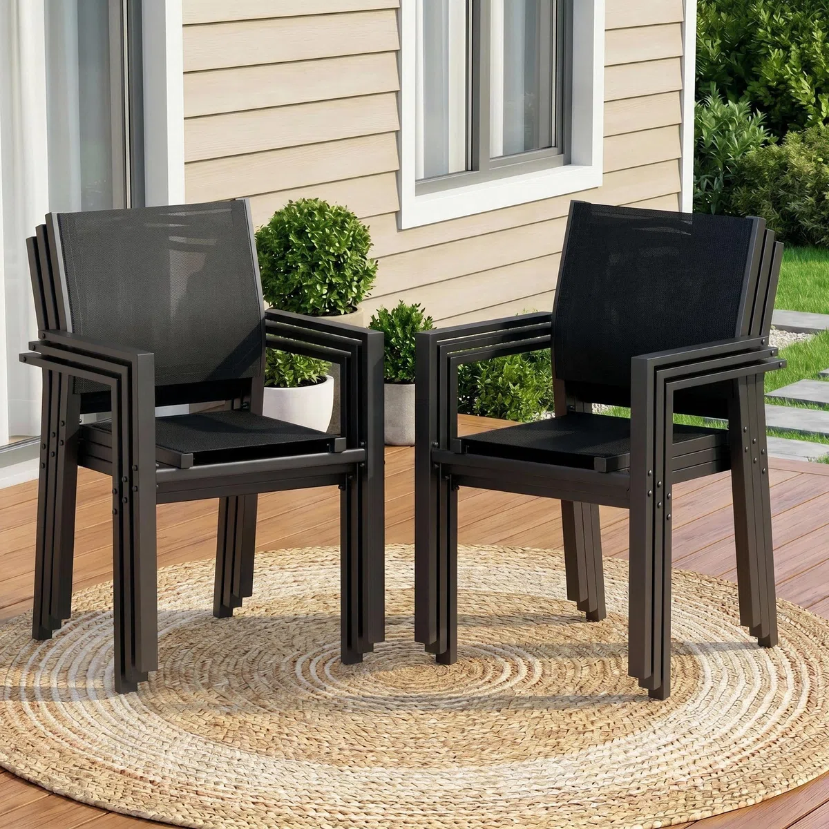 LIFERUN Gartenstühle stapelbar 6er Set, Teslin und Metallgestell Balkonstühle mit Armlehnen, Outdoor Essstühle für Terrasse Garten Pool, bis 120 kg, atmungsaktiv wetterfest, Schwarz, 6pcs