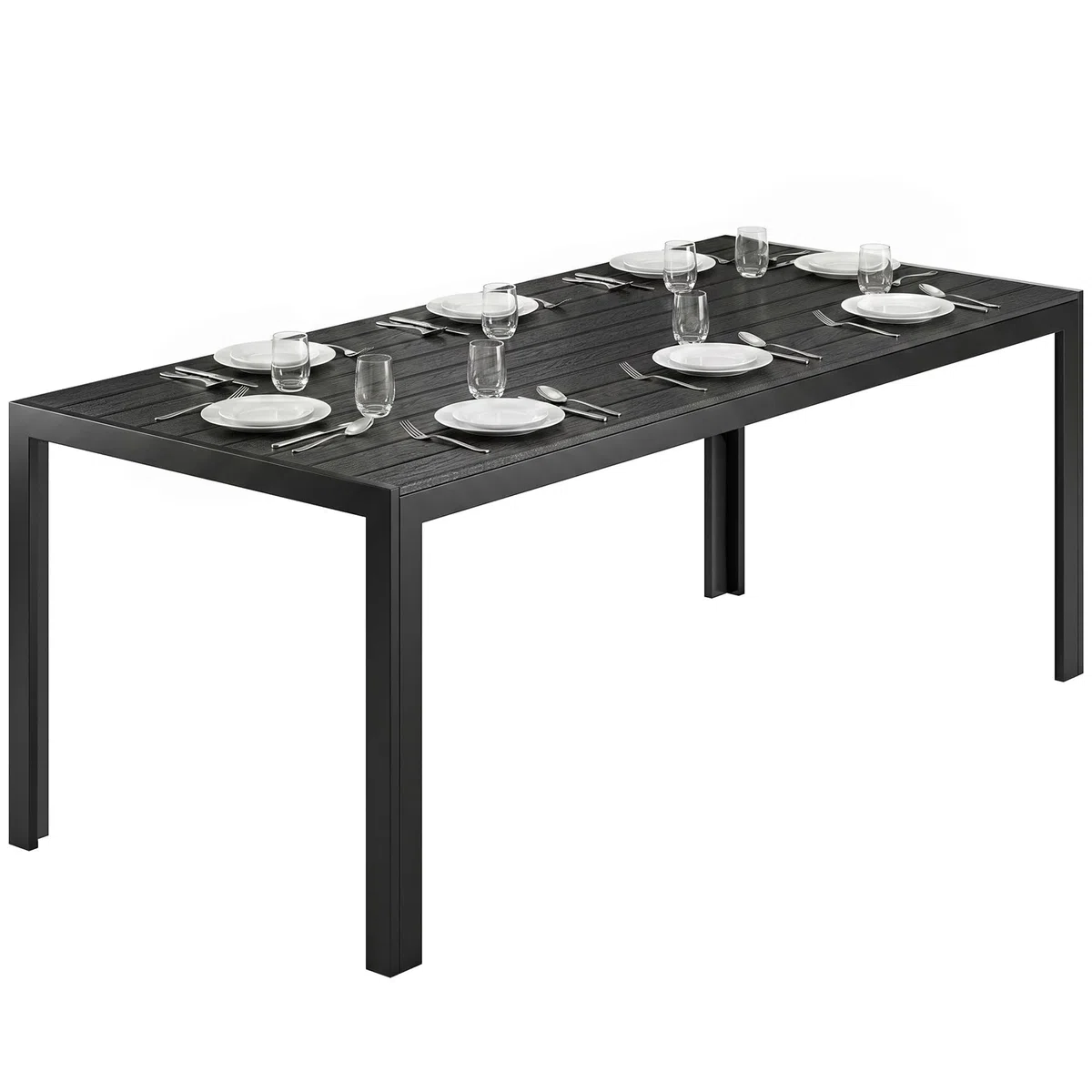Outsunny Gartentisch Kunststoff UV-&Wetterfest 190 x 84,5 x 72 cm Schwarz | Balkontisch mit Holzoptik, Holzstrukur, Rutschfest, Buffettisch für 6 Personen, Outdoor Esstisch für Garten, Balkon