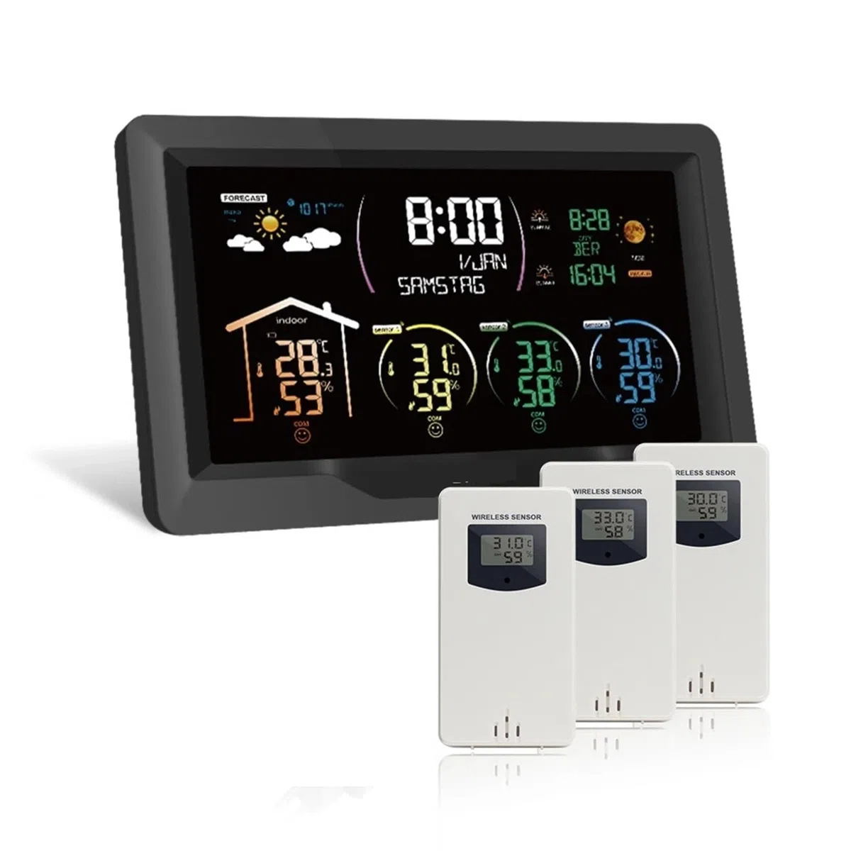 Wetterstationen, Wetterstation Drahtloses digitales Indoor-Outdoor-Prognose-Hygrometer-Luftfeuchtigkeits-Temperaturmessgerät mit 3 Sensoren