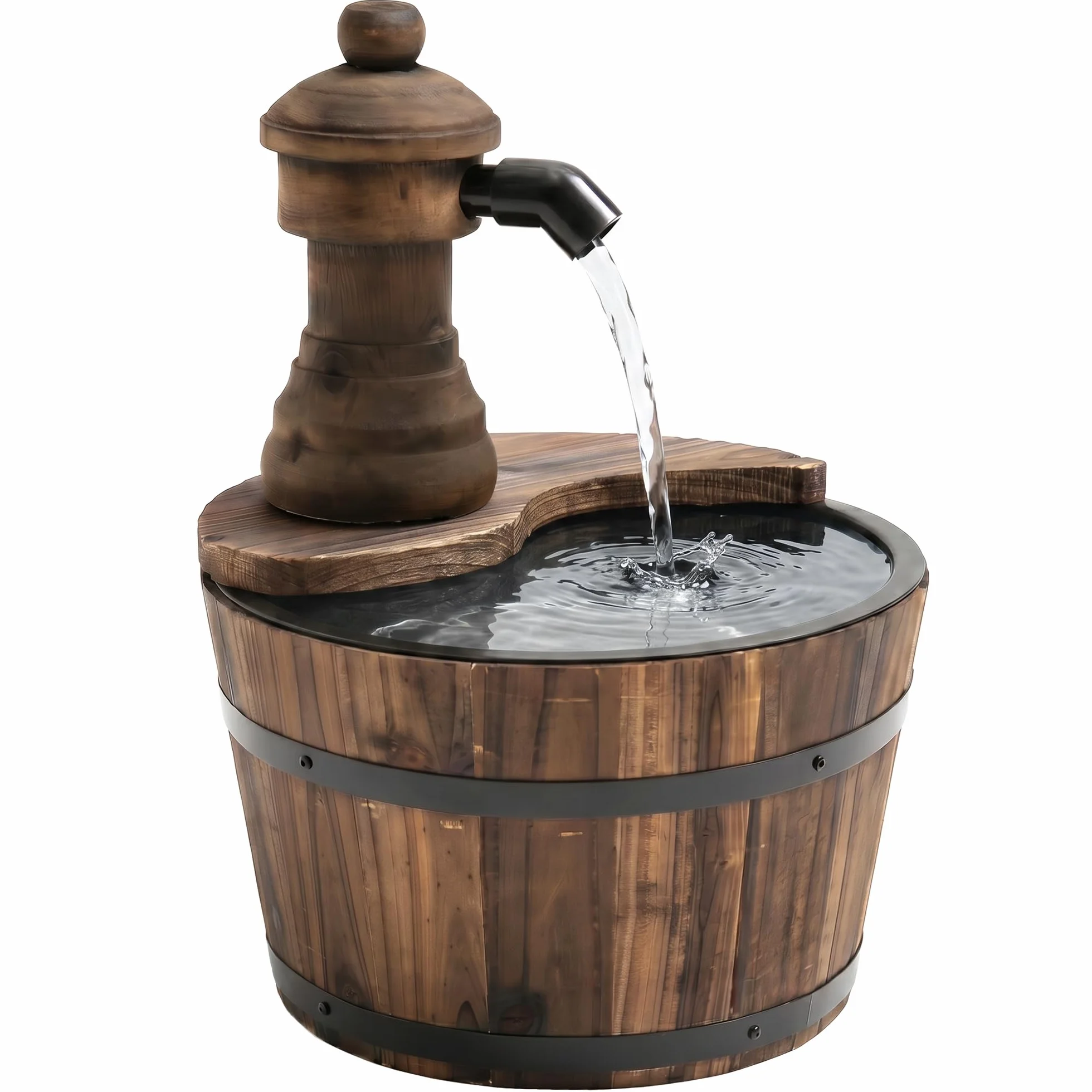 Outsunny Gartenbrunnen Wasserfall mit Holzeimer Ø27 x 37 cm Naturholz | Springbrunnen, Zierbrunnen, Fassbrunnen, Tannenholz + Metall, Holz