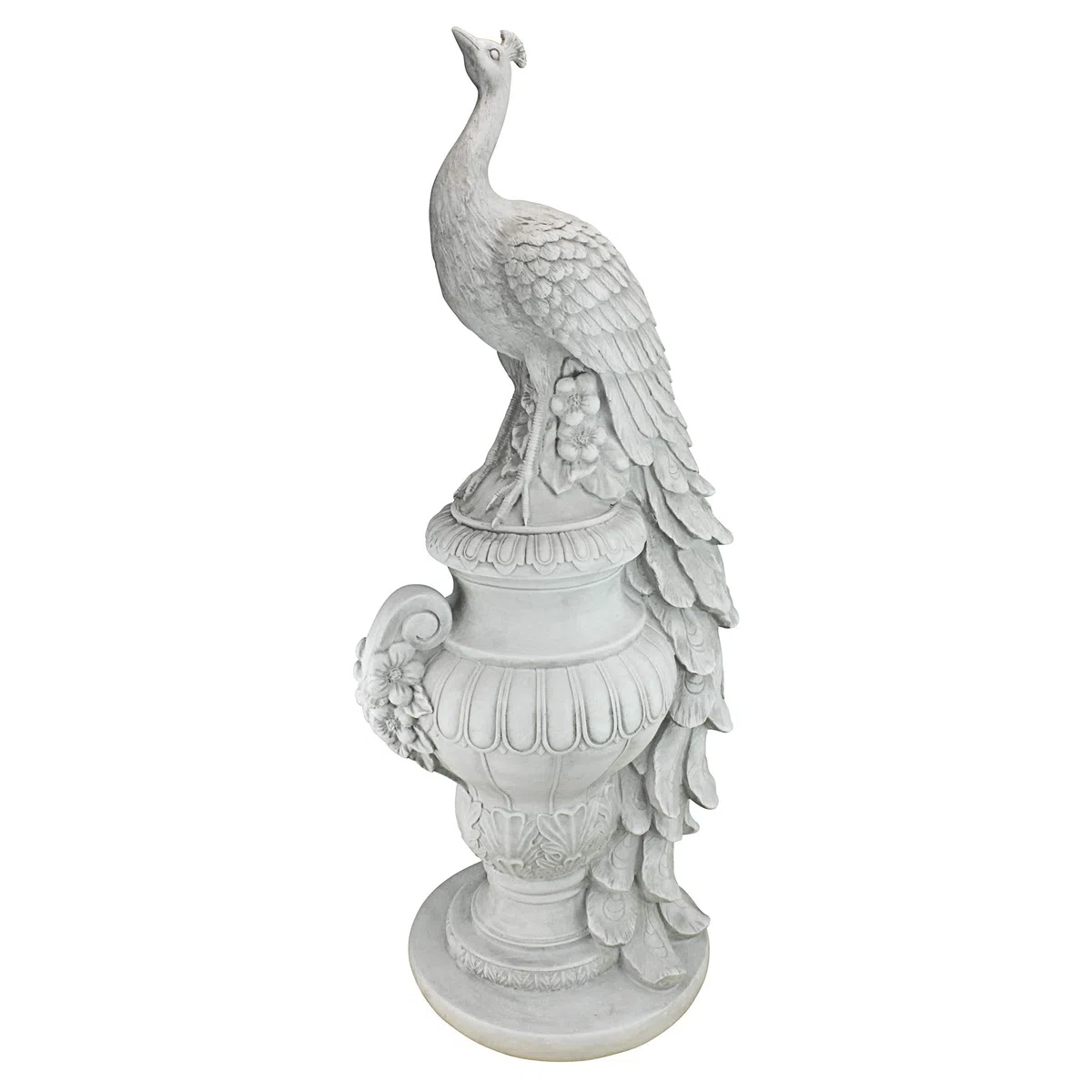 Design Toscano Gartenfigur Staverden Castle, Pfau auf einer Vase, 29x39.5x86.5 cm