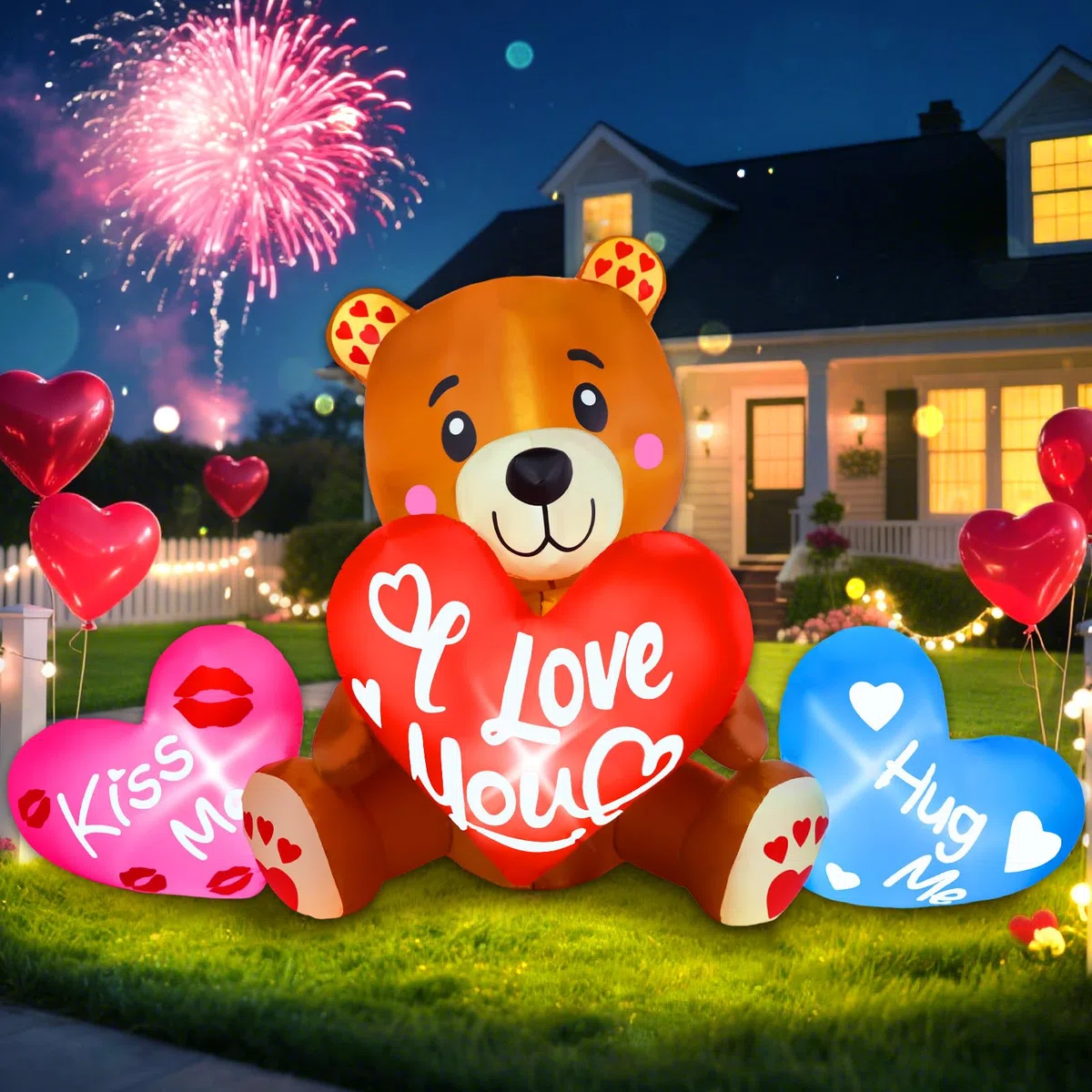 Aufblasbare Outdoor-Dekoration, großer Teddybär mit Herzen, aufblasbar, mit LED-Lichtern, Hof, Rasen, Hochzeit, Heim, Jahrestag, Party, Zuhause, romantisch, 3 m