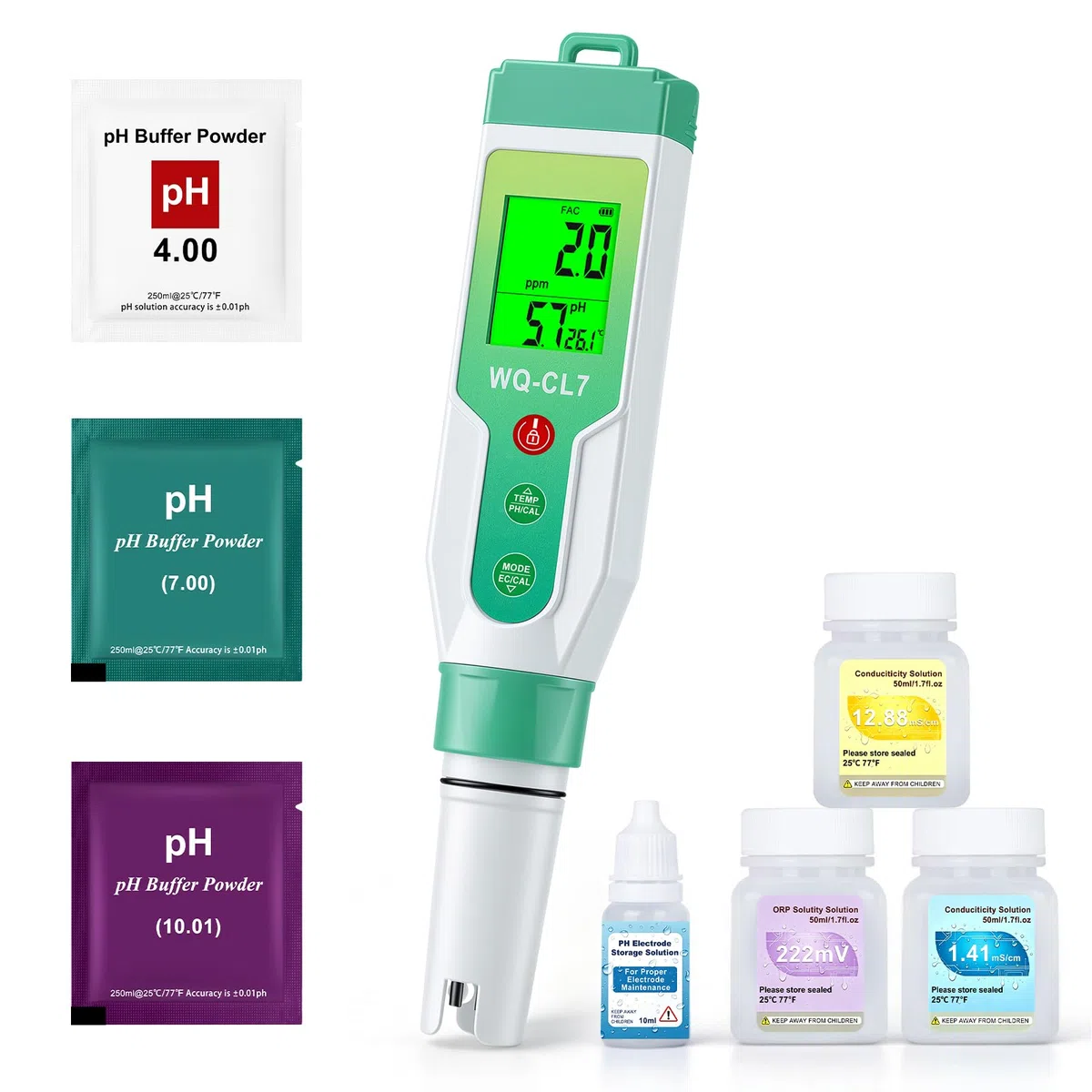 Digital Pool Chlor und pH Messgerät, Chlor Messgerät Pool, Salzgehalt Messgerät,7 in 1 pH Salz Chlor ORP EC TDS Temperatur Tester für Hydrokultur Aquarien Trinkwasser
