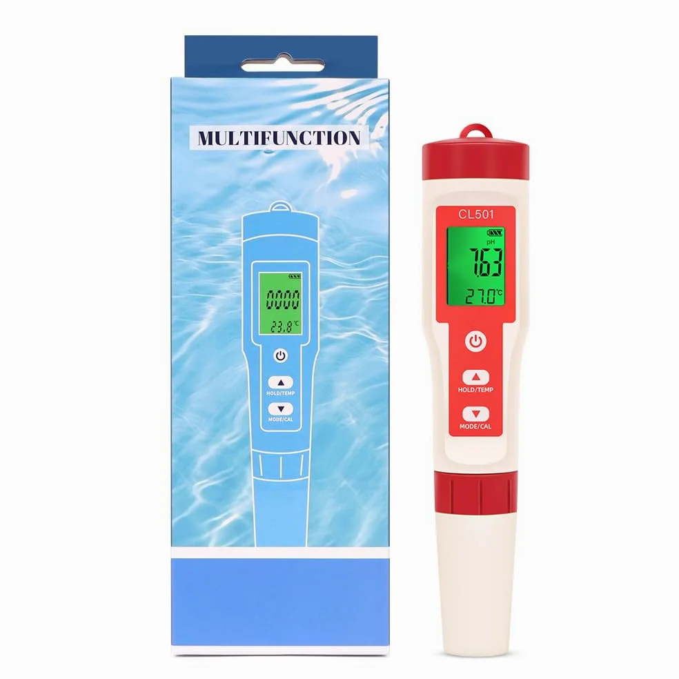 pH und Chlor Messgerät Pool, pH Messgerät Wasser, Chlortester Pool | Pool Tester 5 in 1, pH Chlor ORP H2 Temperatur messbar, Water Tester für Hydrokultur Aquarien Trinkwasser