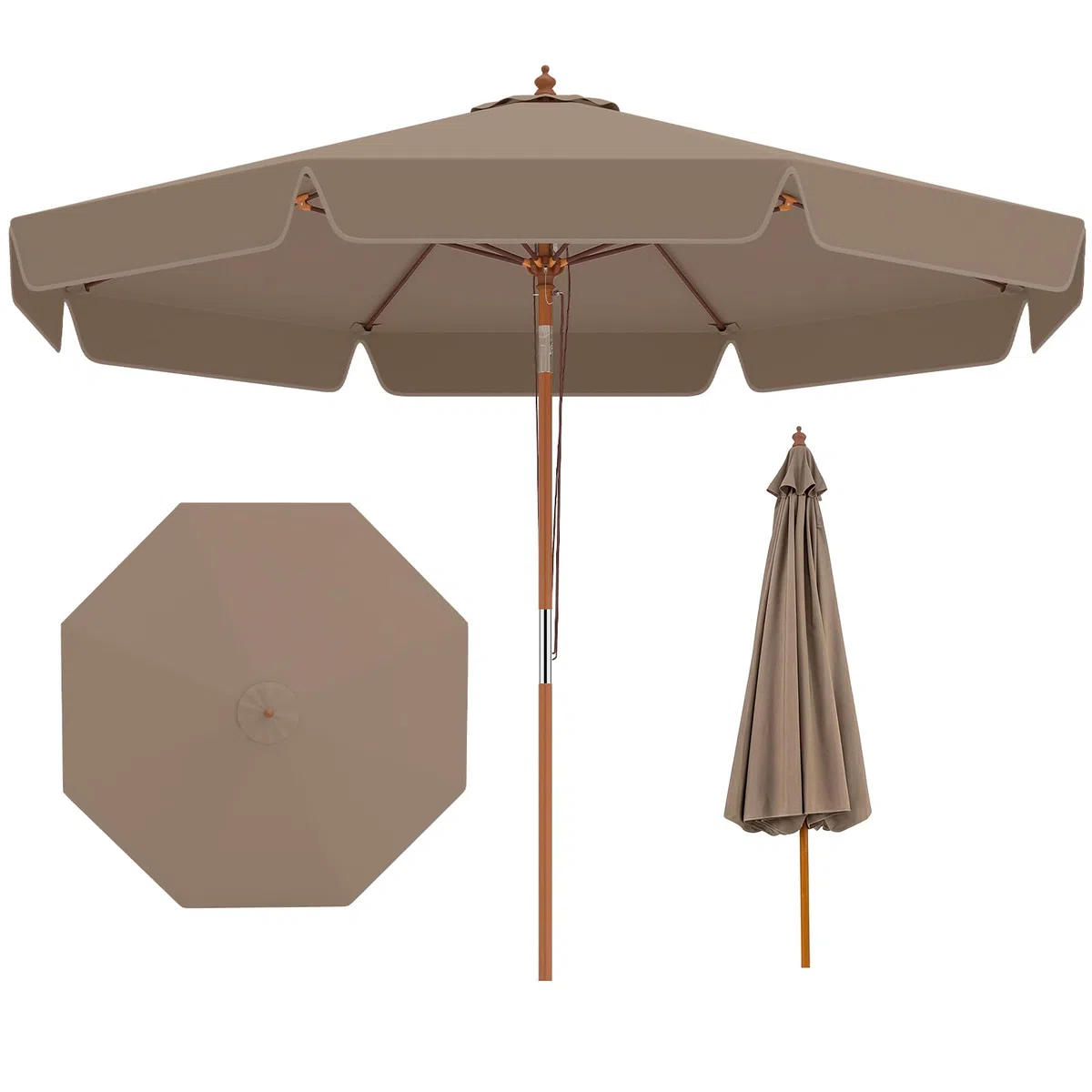COSTWAY Sonnenschirm 300 cm, Gartenschirm aus Holz, beidseitig um 30° knickbar, Balkonschirm mit Volant, Terrassenschirm, Marktschirm für Garten, Balkon, Terrasse (Khaki-Tan)