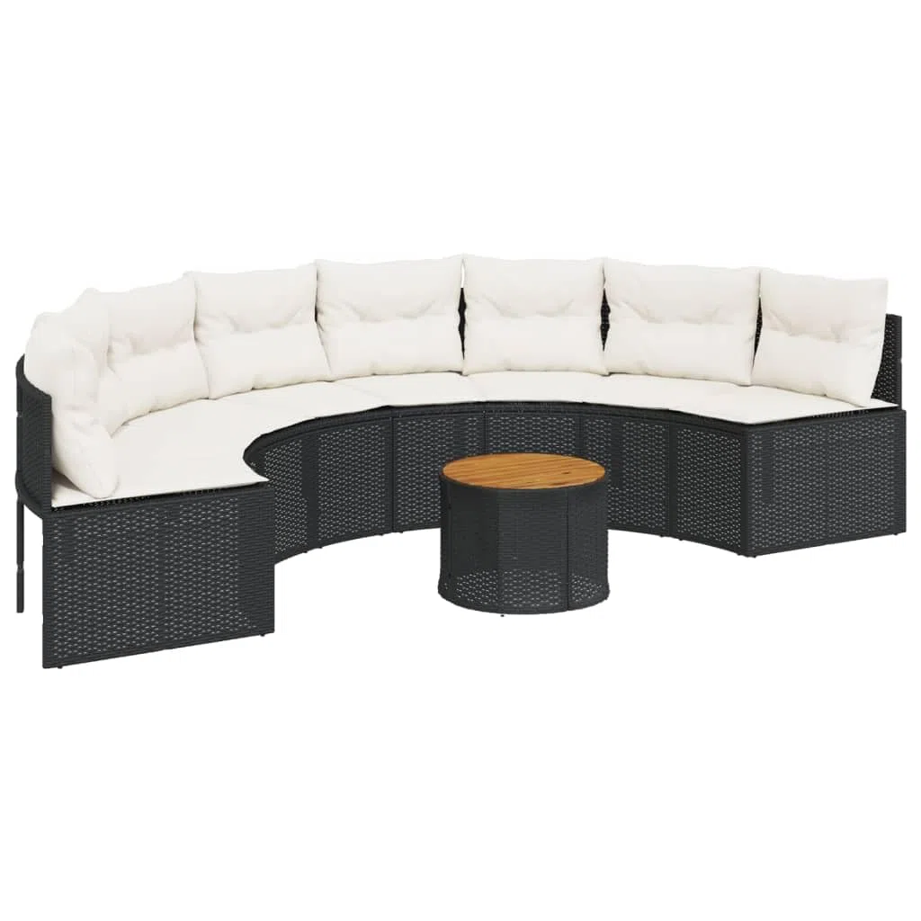 vidaXL Gartensofa mit Tisch und Kissen Halbrund Schwarz Poly-Rattan, Terrassensofa, Loungesofa, Loungemöbel, Outdoor Sofa, Lounge Set, halbrundes Sofa
