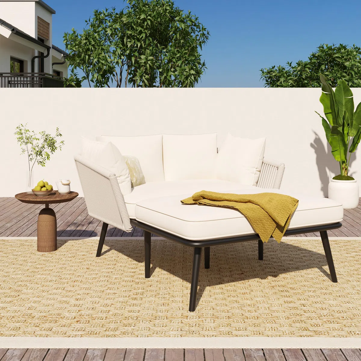 Merax Gartensofa 2-Sitzer, Outdoor Sofa mit 2 Kissen und 2 Polster, Sonnenliege im Außenbereich, Gartenlounge, Balkonmöbel-Set, Loungemöbel, Terrassenmöbel, Beige
